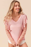 BiBi Ruffled Lace Sleeve Rib Knit Top - Trendsi - Flyclothing LLC
