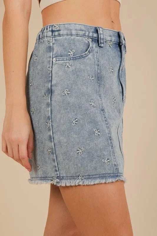 VERY J Bow Printed Casual Denim Mini Skirt - Trendsi - Flyclothing LLC