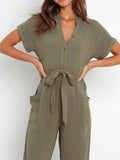 Notched Short Sleeve Tie Waist Jumpsuit - Trendsi