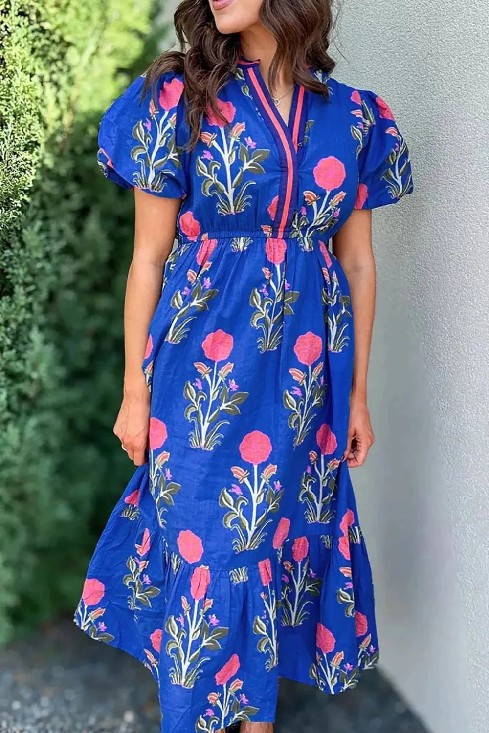 Floral Puff Short Sleeve Notched High Waist Dress - Trendsi