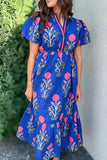 Floral Puff Short Sleeve Notched High Waist Dress - Trendsi