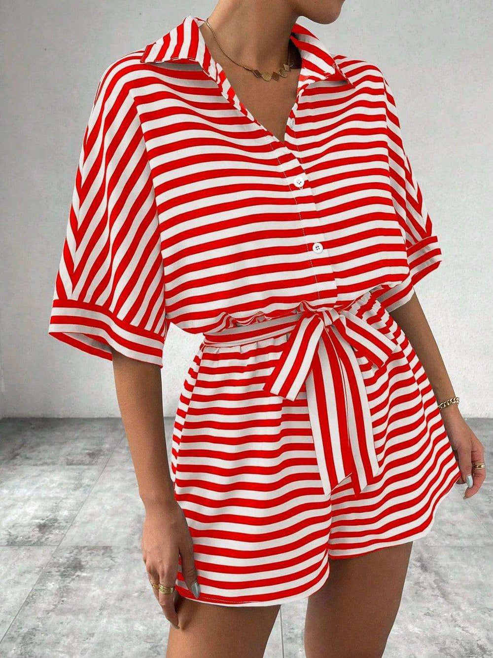 Tie Waist Half Button Striped Romper - Trendsi - Flyclothing LLC