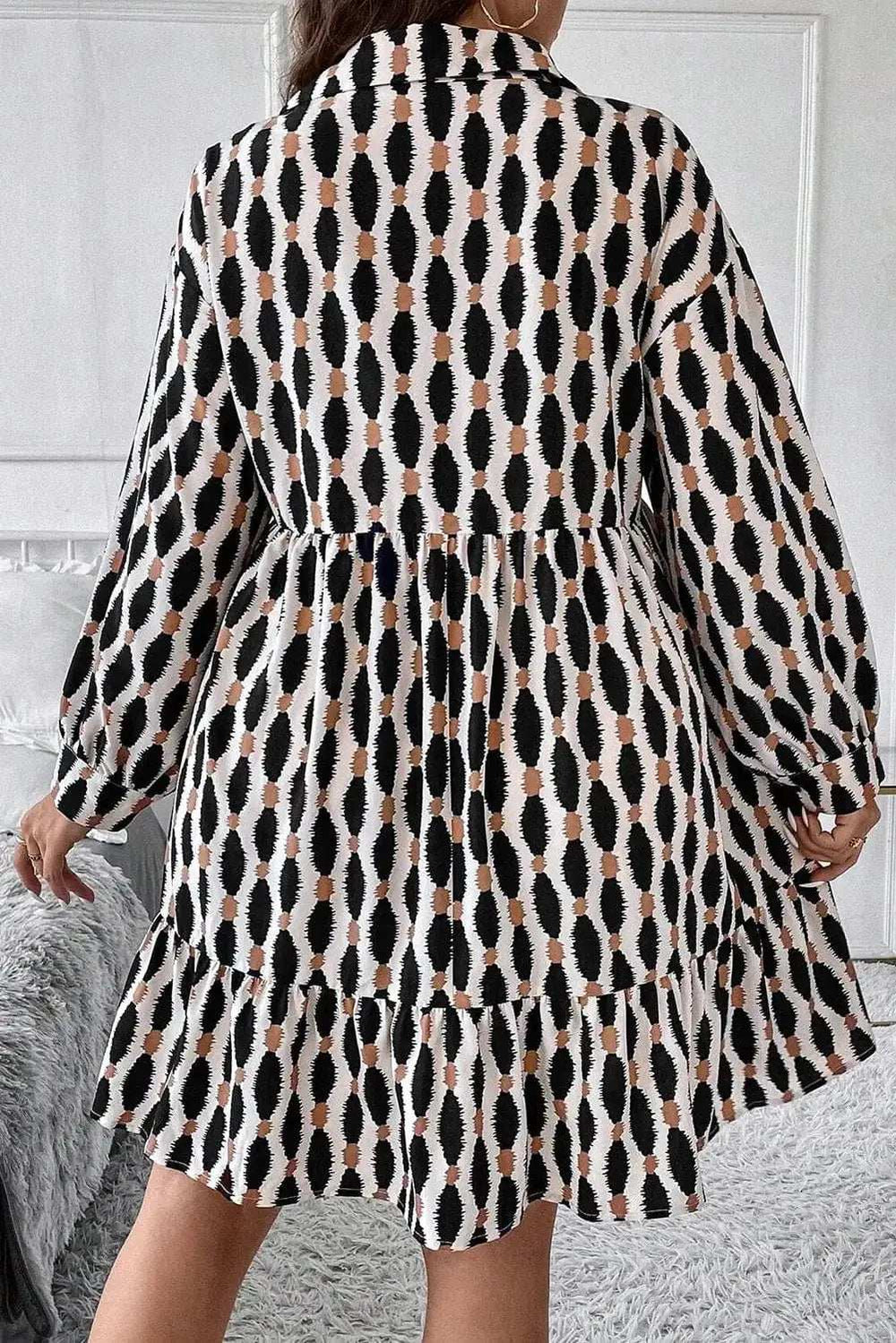Plus Size Printed Johnny Collar Long Sleeve Dress - Trendsi - Flyclothing LLC