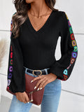 V-Neck Crochet Long Sleeve Top - Trendsi