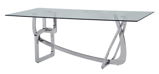 79" Clear And Silver Glass And Stainless Steel Trestle Base Dining Table - Homeroots