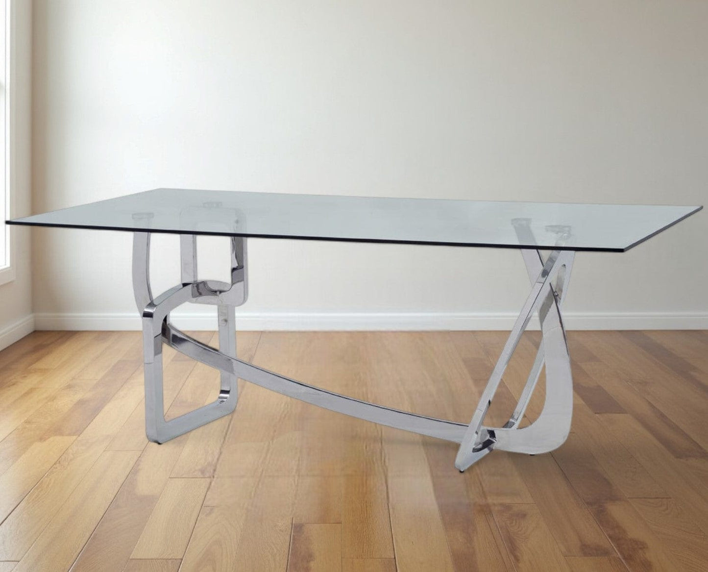 79" Clear And Silver Glass And Stainless Steel Trestle Base Dining Table - Homeroots - Flyclothing LLC