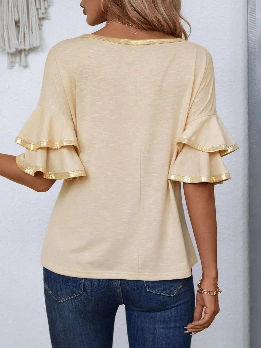 Round Neck Flounce Sleeve T-Shirt - Trendsi - Flyclothing LLC