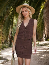 Openwork V-Neck Top and Skirt Knit Cover Up Set - Trendsi - Flyclothing LLC