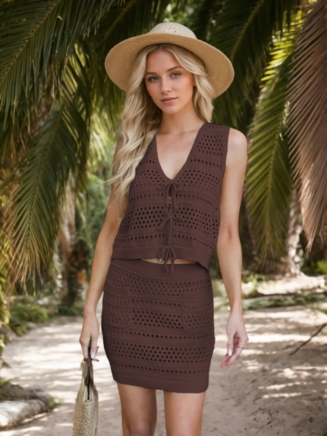 Openwork V-Neck Top and Skirt Knit Cover Up Set - Trendsi - Flyclothing LLC