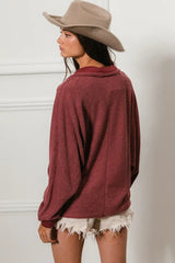 BiBi Cp French Terry Cut Edge Detail Collared Top - Trendsi - Flyclothing LLC