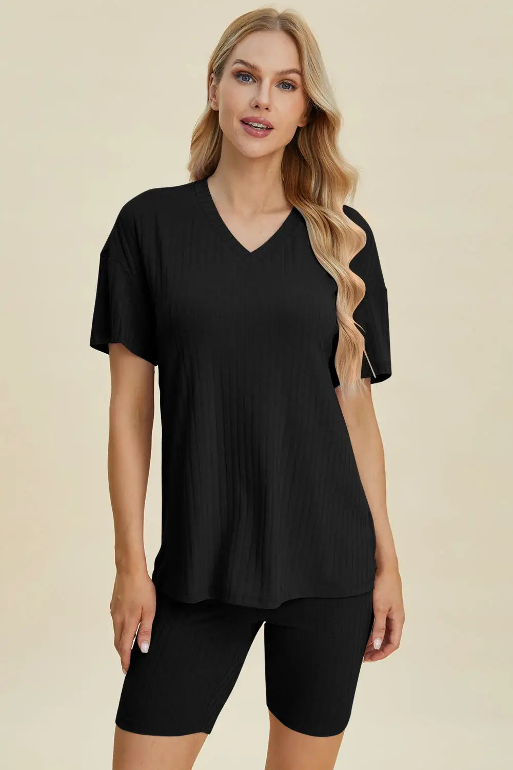 Basic Bae Full Size Ribbed V-Neck Short Sleeve Top and Shorts Set - ShopBasicbae - Flyclothing LLC