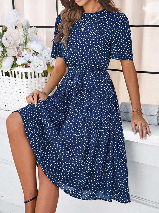 Printed Round Neck Short Sleeve Dress - Trendsi - Flyclothing LLC