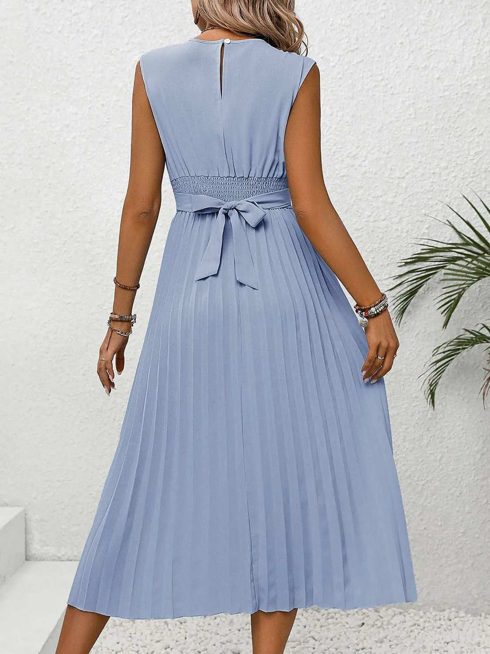 Pleated Round Neck Cap Sleeve Dress - Trendsi - Flyclothing LLC