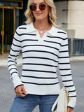 Striped Johnny Collar Long Sleeve Sweater - Trendsi - Flyclothing LLC