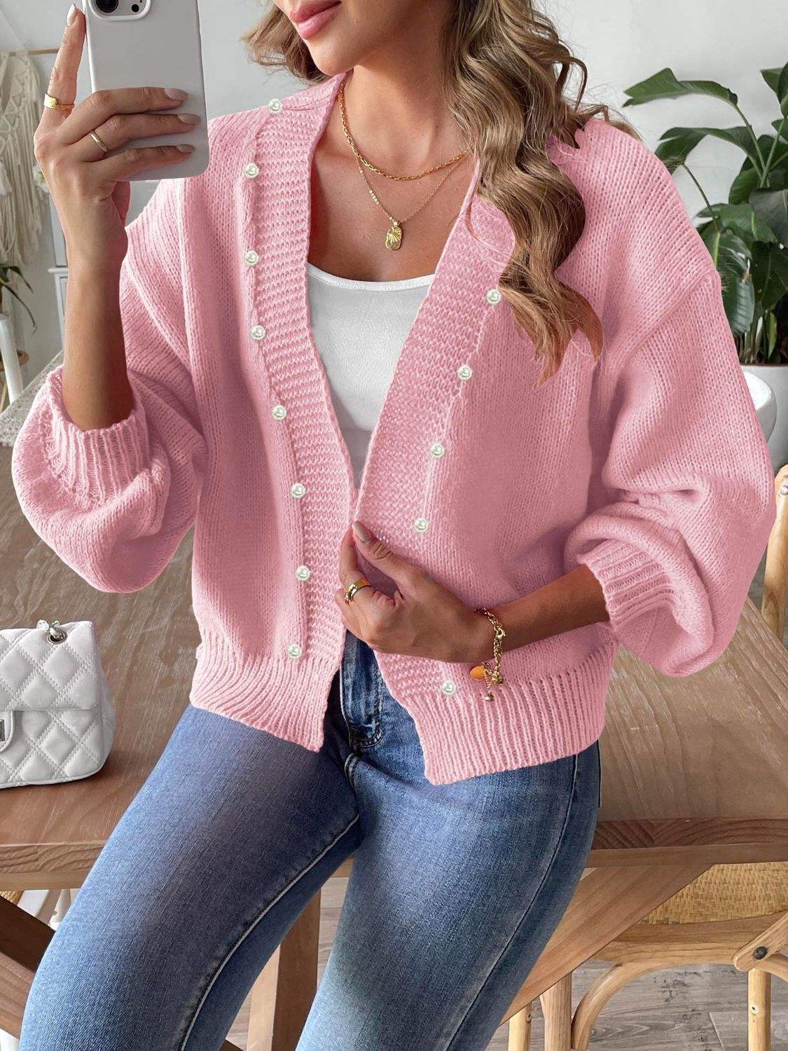 Pearl Open Front Long Sleeve Cardigan - Trendsi - Flyclothing LLC
