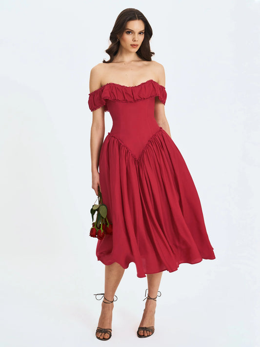 Xavy Crimson Off-Shoulder Corset Midi Dress - Miss Circle - Flyclothing LLC