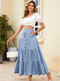 Button Front Tiered Denim Dress - Trendsi