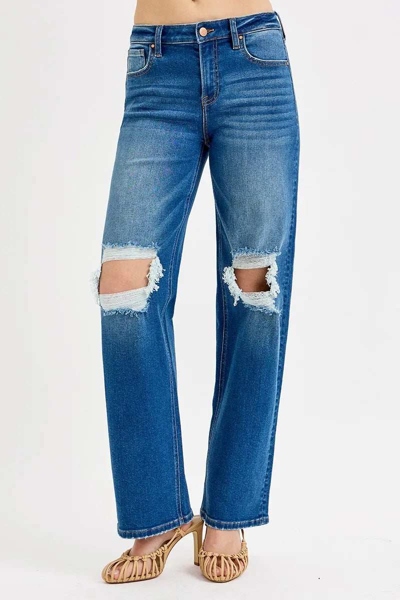 RISEN Full Size Mid Waist Fit Boyfriend Knee Distressed Jeans Plus Size - Trendsi - Flyclothing LLC