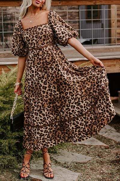 Leopard Square Neck Puff Sleeve Maxi Dress - Trendsi - Flyclothing LLC