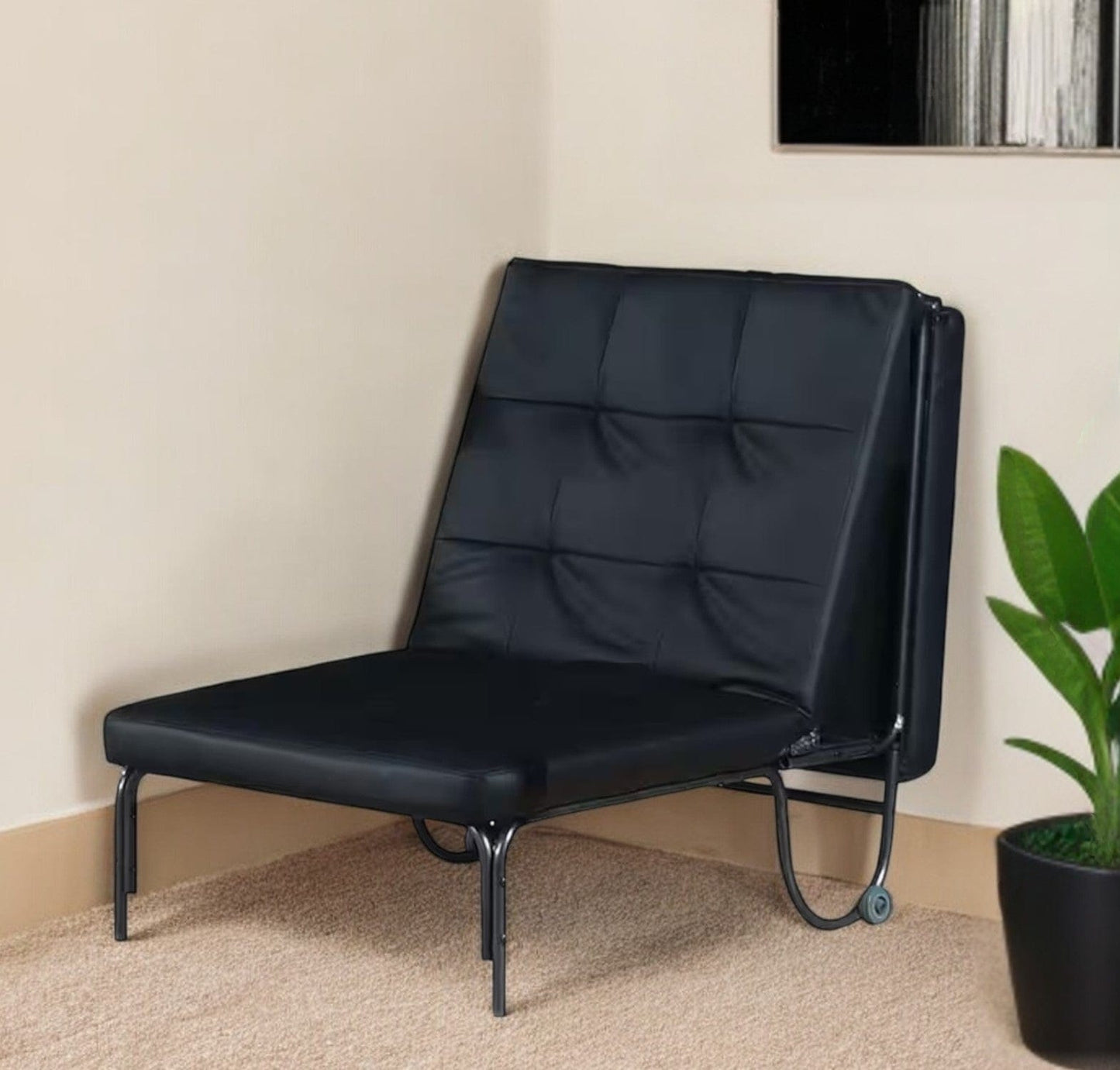 75" Black Faux Leather Tufted Convertible Chair - Homeroots - Flyclothing LLC
