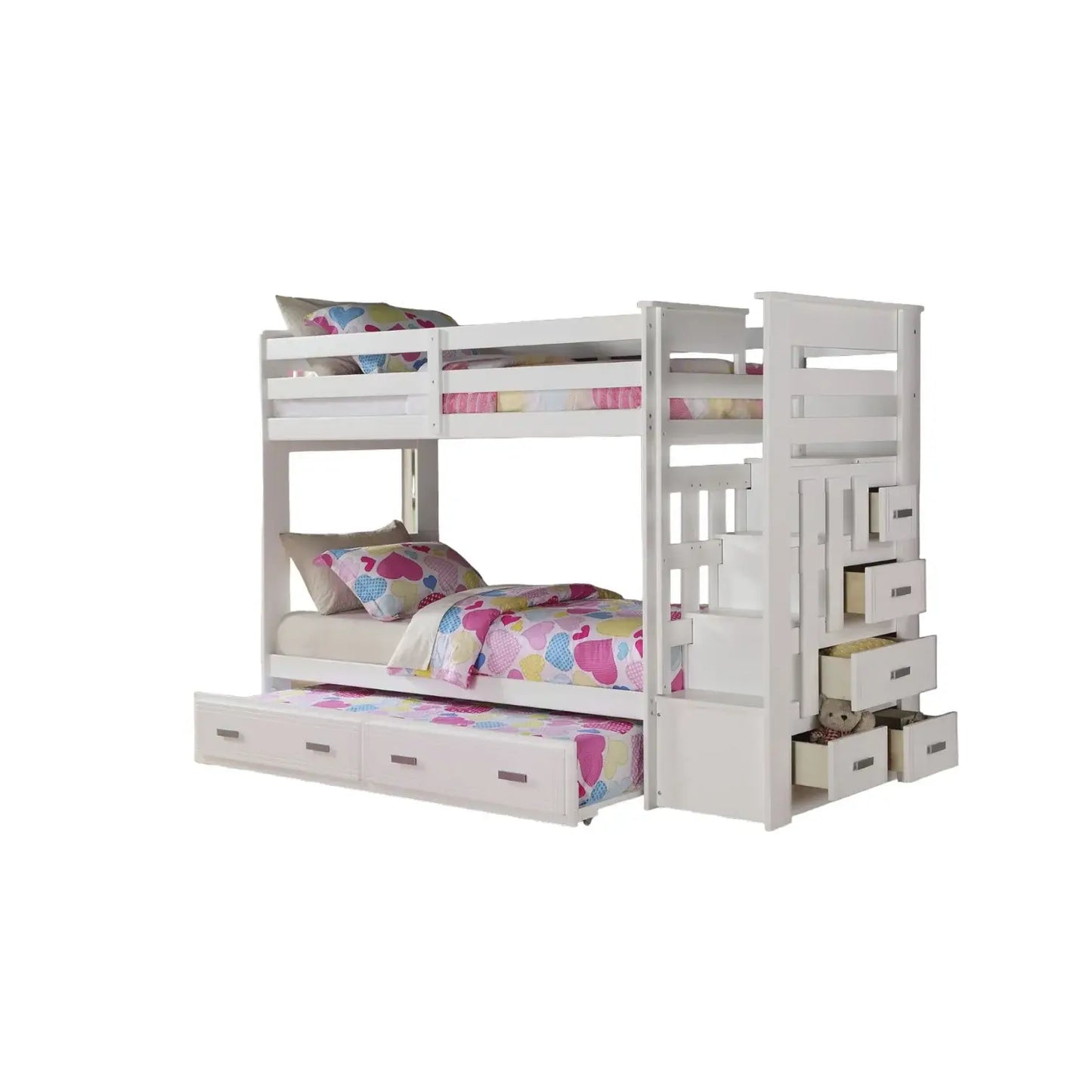 97" X 43" X 68" Twin Over Twin White Storage Ladder And Trundle Bunk Bed - Homeroots - Flyclothing LLC