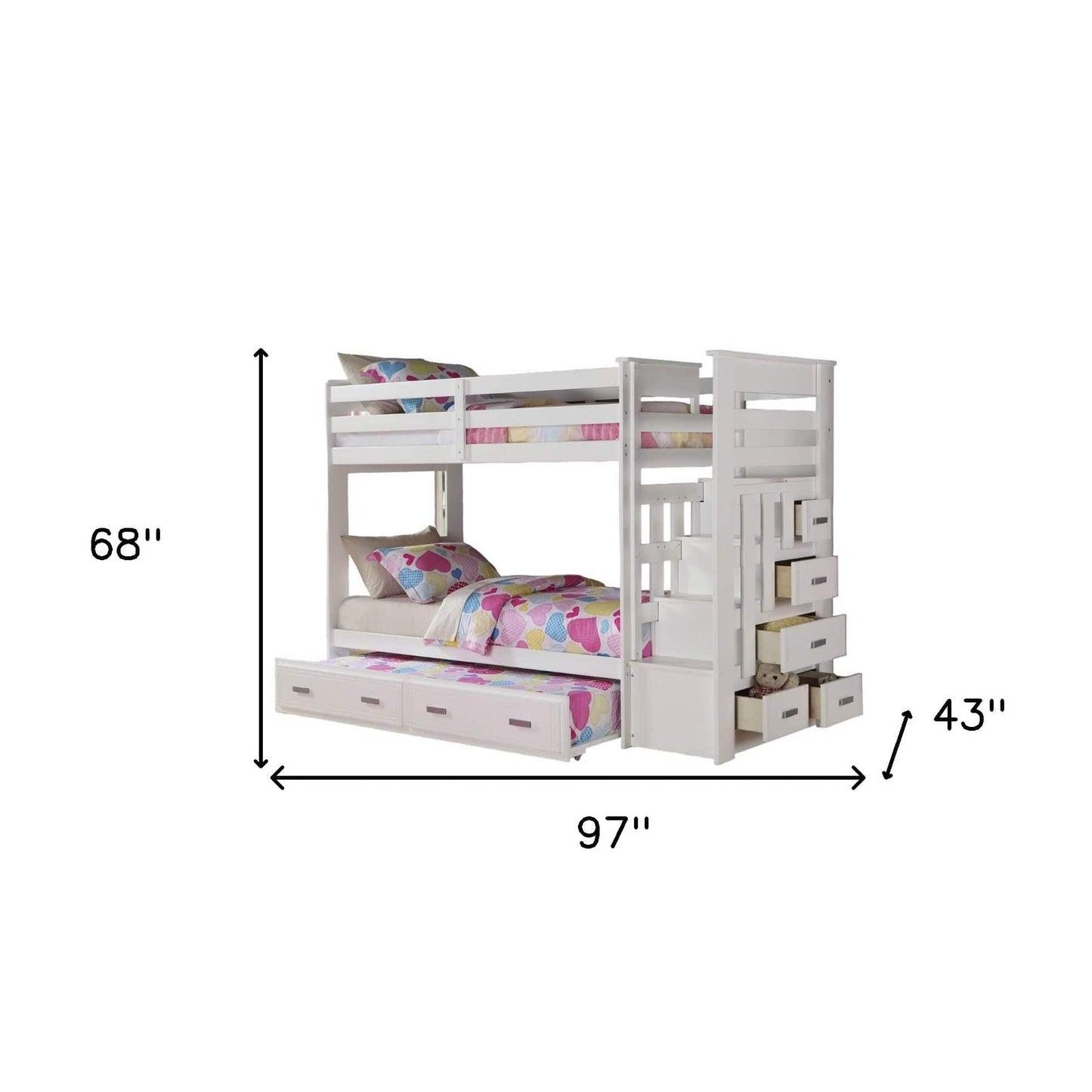 97" X 43" X 68" Twin Over Twin White Storage Ladder And Trundle Bunk Bed - Homeroots - Flyclothing LLC