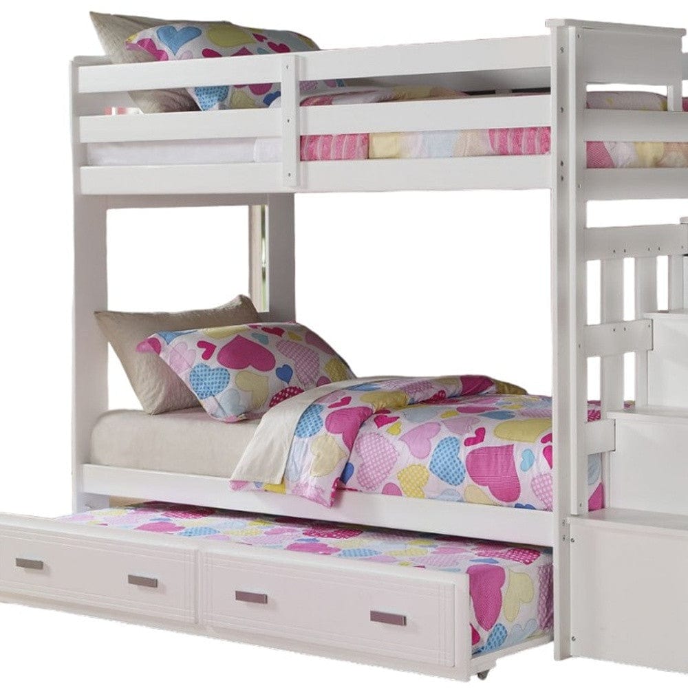 97" X 43" X 68" Twin Over Twin White Storage Ladder And Trundle Bunk Bed - Homeroots - Flyclothing LLC