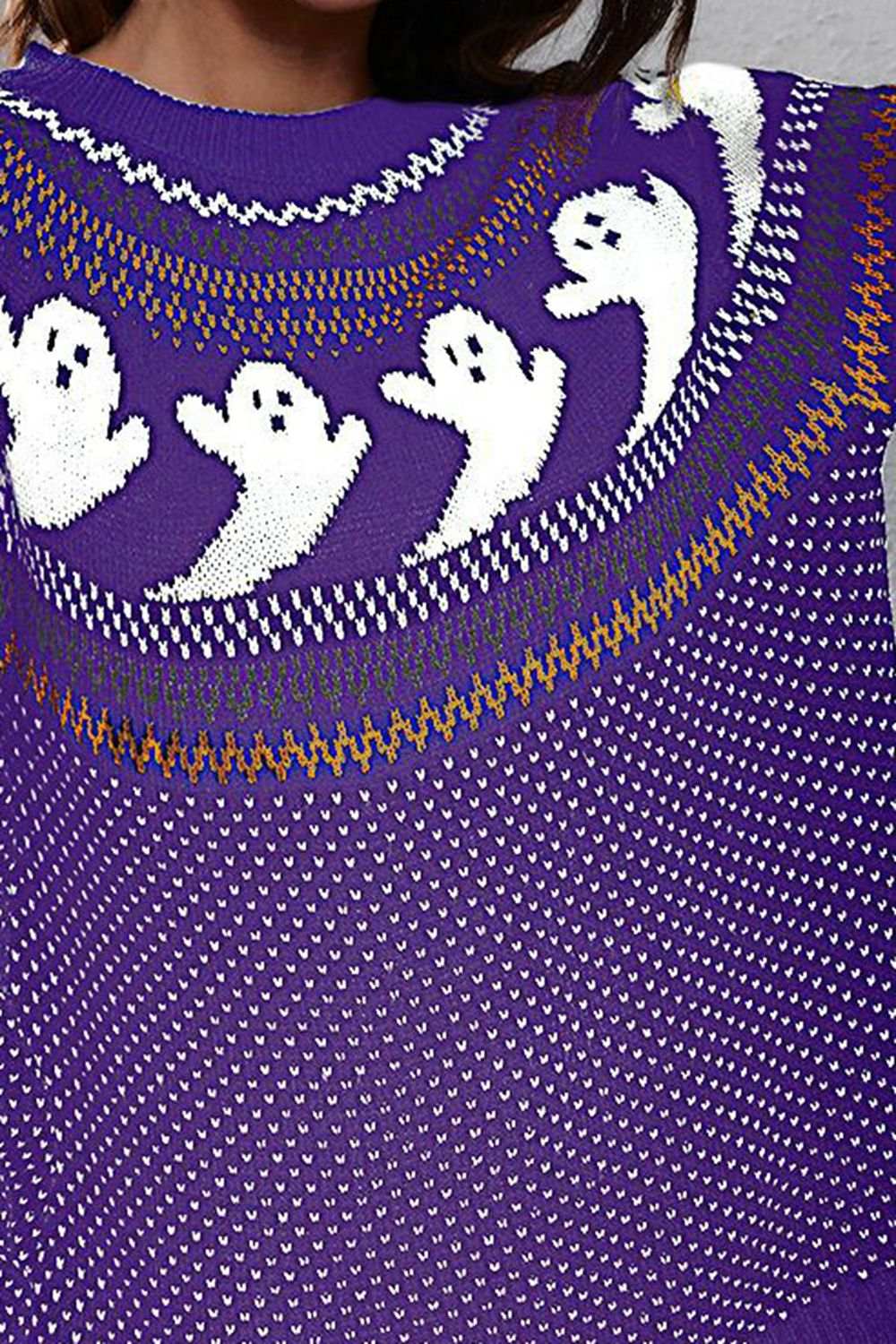 Ghost Pattern Round Neck Long Sleeve Sweater - Trendsi - Flyclothing LLC