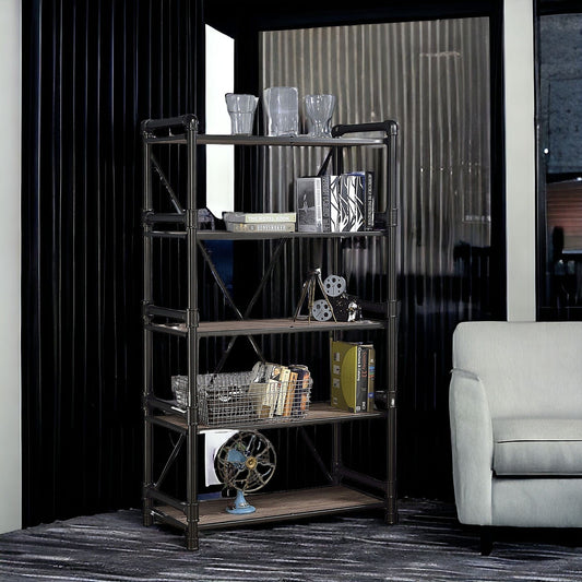 72" Rustic Oak Distressed Metal and Wood Five Tier Etagere Bookcase - Homeroots