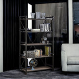 72" Rustic Oak Distressed Metal and Wood Five Tier Etagere Bookcase - Homeroots