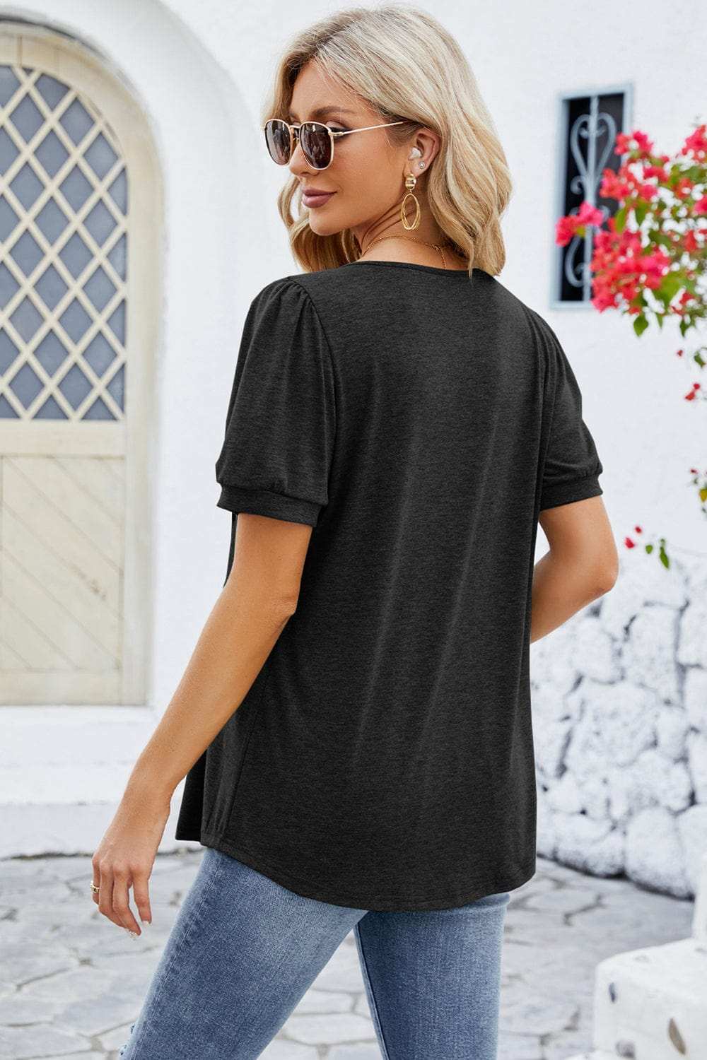 Ruched Scoop Neck Short Sleeve Blouse - Trendsi - Flyclothing LLC