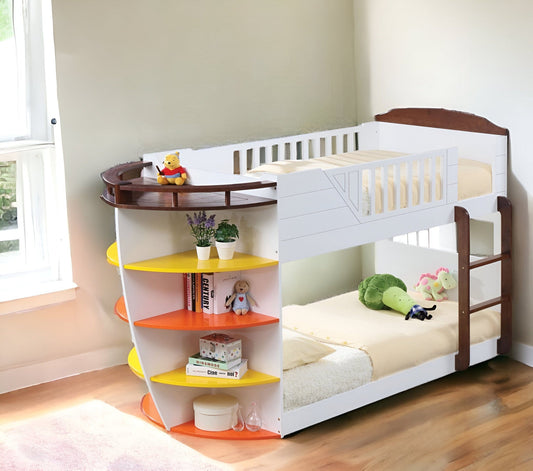 Brown and White Twin Transitional Bunk Bed with Shelves - Homeroots