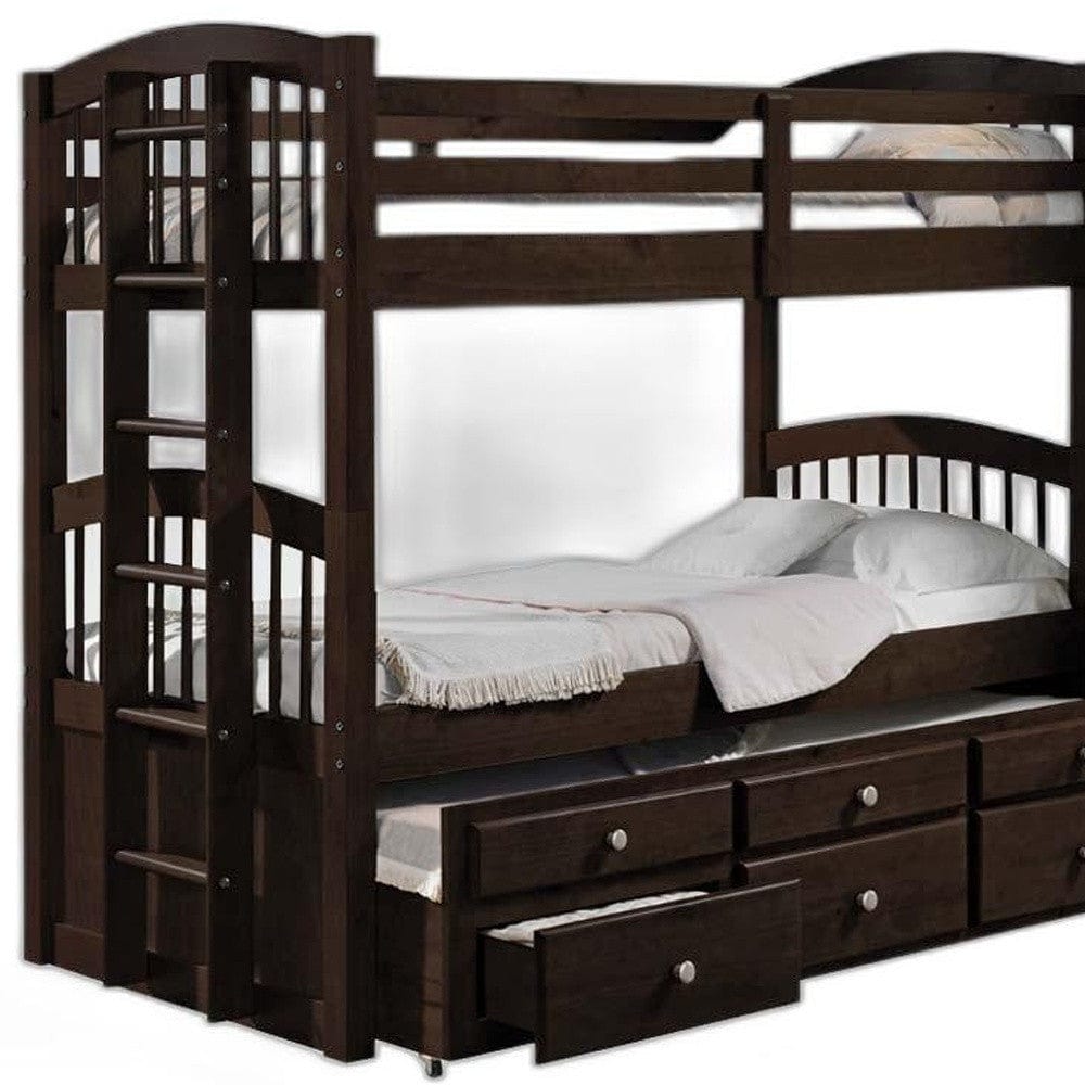 80" X 41" X 71" Espresso Twin Over Twin Bunk Bed And Trundle With 3 Drawers - Homeroots - Flyclothing LLC