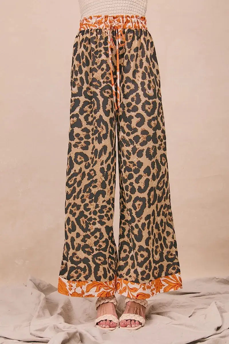 BiBi Leopard Print With Contrast Banded Wide Pants - Trendsi - Flyclothing LLC
