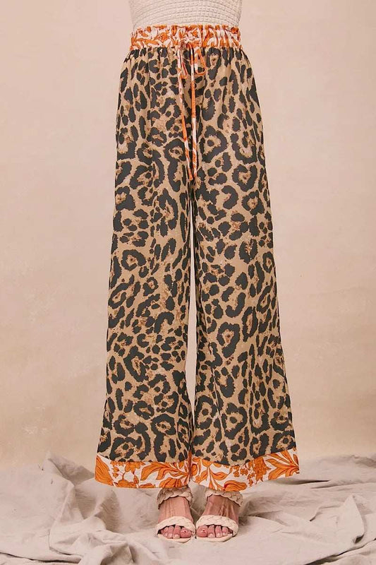 BiBi Leopard Print With Contrast Banded Wide Pants - Trendsi - Flyclothing LLC