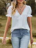 Lace Trim V-Neck Puff Sleeve Blouse - Trendsi - Flyclothing LLC