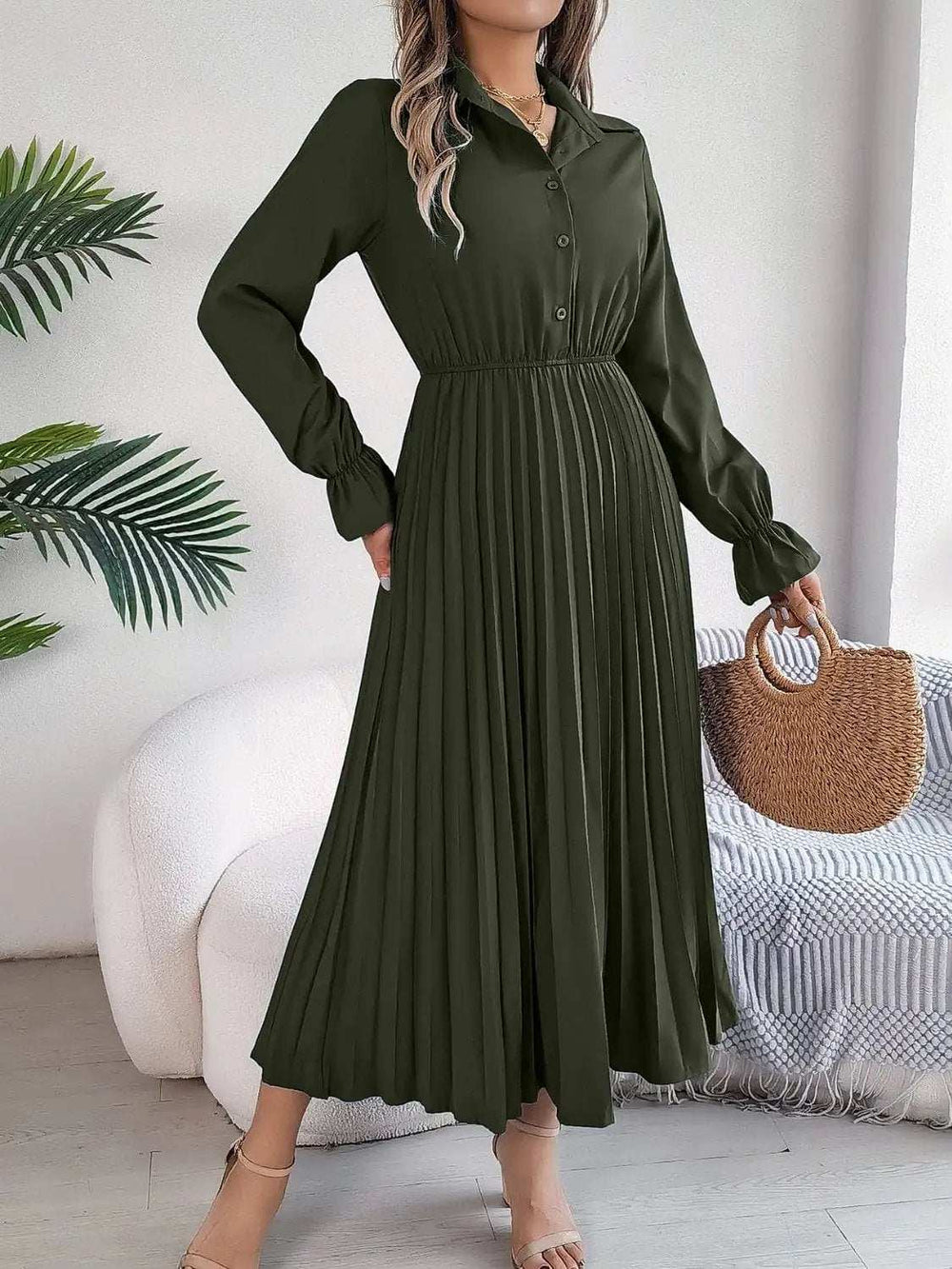 Pleated Half Button Long Sleeve Midi Dress - Trendsi - Flyclothing LLC