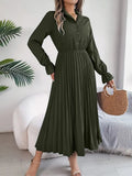 Pleated Half Button Long Sleeve Midi Dress - Trendsi