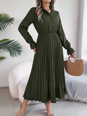 Pleated Half Button Long Sleeve Midi Dress - Trendsi