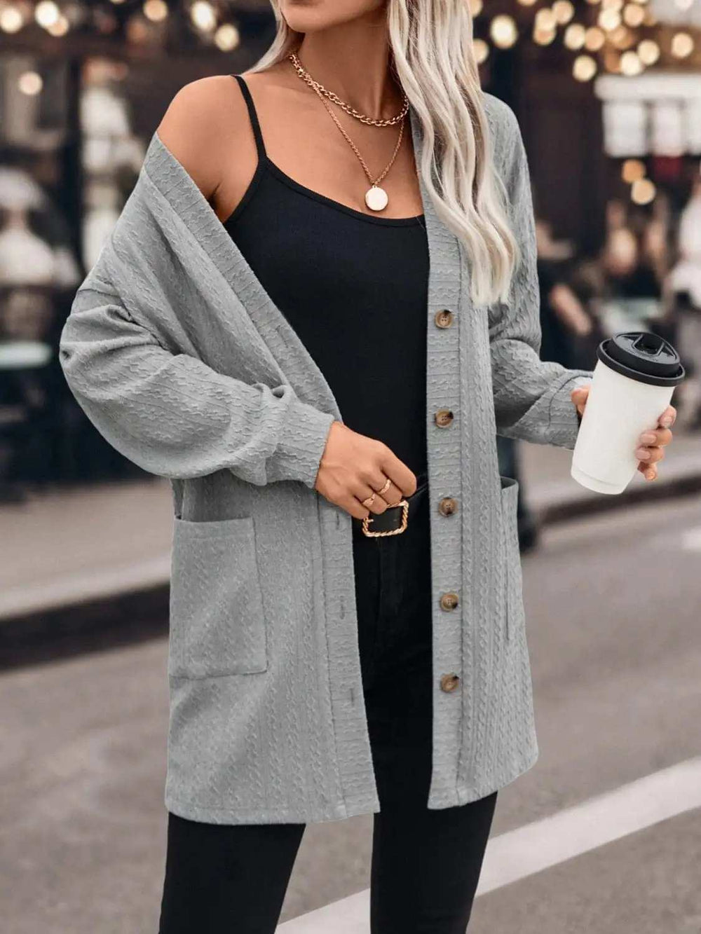 Textured Button Down V-Neck Long Sleeve Cardigan - Trendsi - Flyclothing LLC