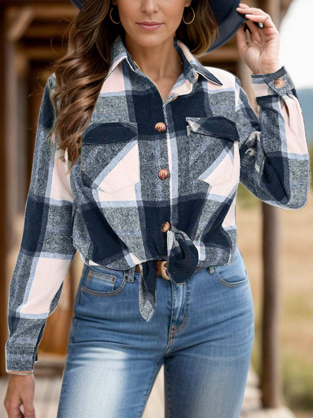 Full Size Pocketed Plaid Collared Neck Shacket - Trendsi - Flyclothing LLC