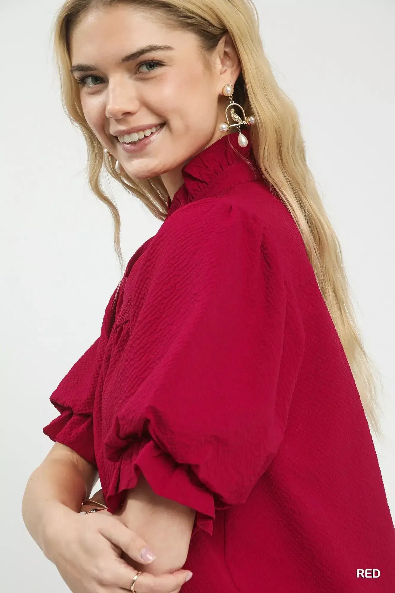 Umgee Textured Smocked Yoke Split-Neck Top - Trendsi - Flyclothing LLC