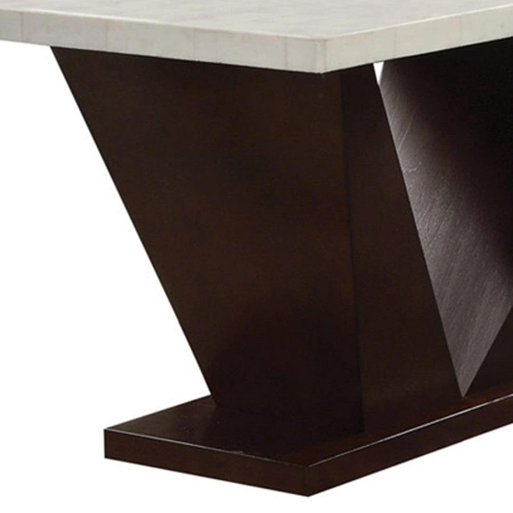 64" White And Dark Brown Marble And Solid Manufactured Wood Pedestal Base Dining Table - Homeroots - Flyclothing LLC