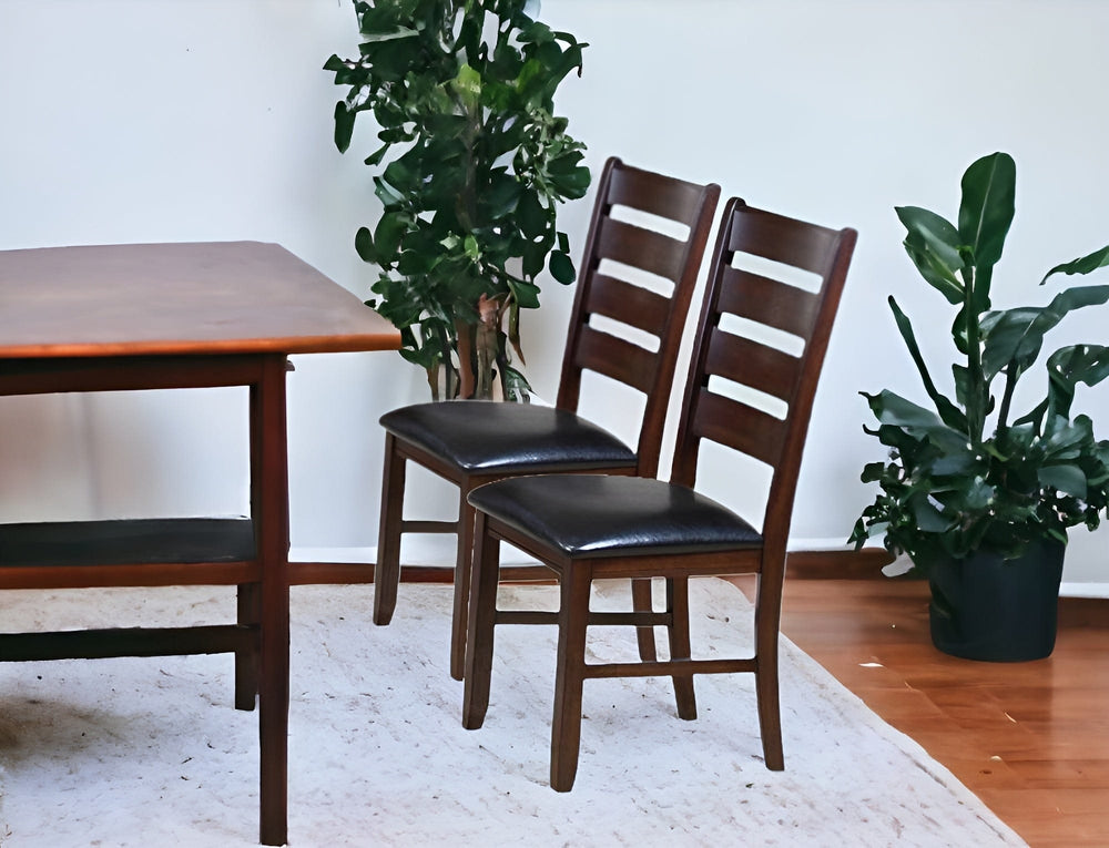 Set of Two Espresso And Brown Upholstered Faux Leather Ladder Back Dining Side Chairs - Homeroots