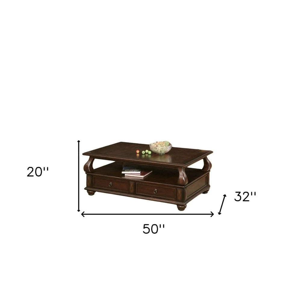 50" Dark Brown Solid Wood Coffee Table With Two Drawers And Shelf - Homeroots - Flyclothing LLC