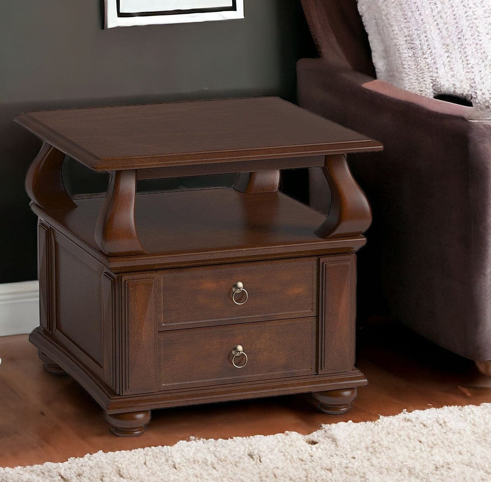 26" Brown Solid Wood Square End Table With Two Drawers And Shelf - Homeroots - Flyclothing LLC