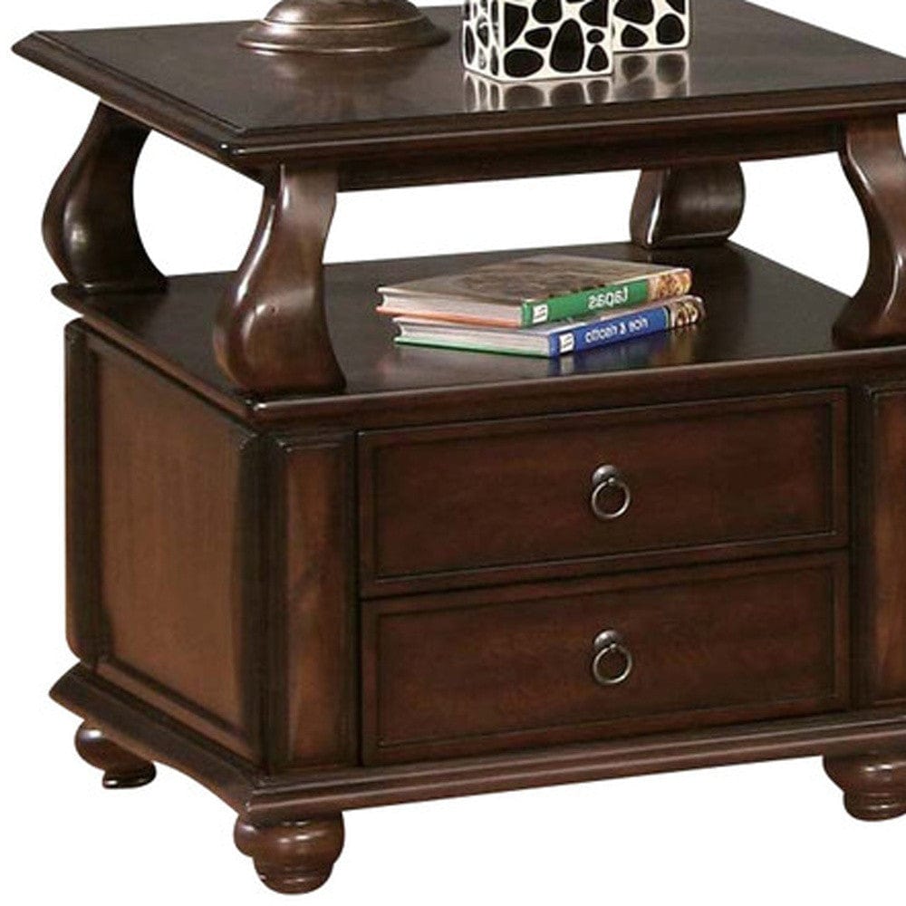 26" Brown Solid Wood Square End Table With Two Drawers And Shelf - Homeroots - Flyclothing LLC
