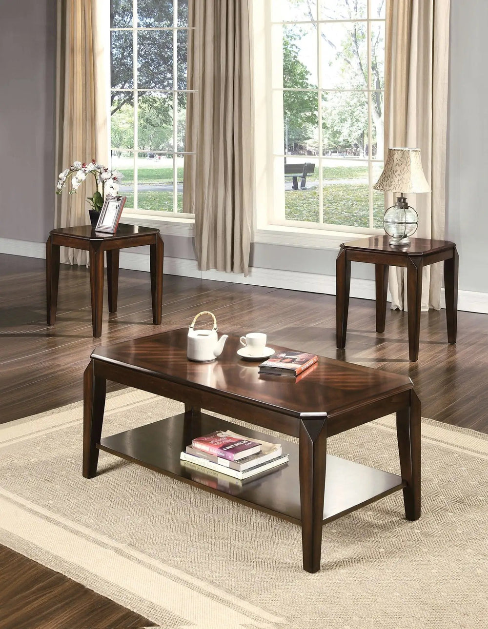 Set of 3 23" Solid Wood Brown Coffee Table With Shelf and End Tables - Homeroots