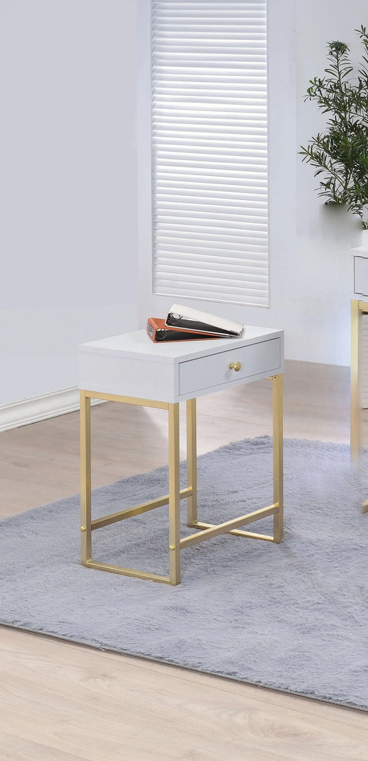 24" Gold And White Solid Wood End Table With Drawer - Homeroots