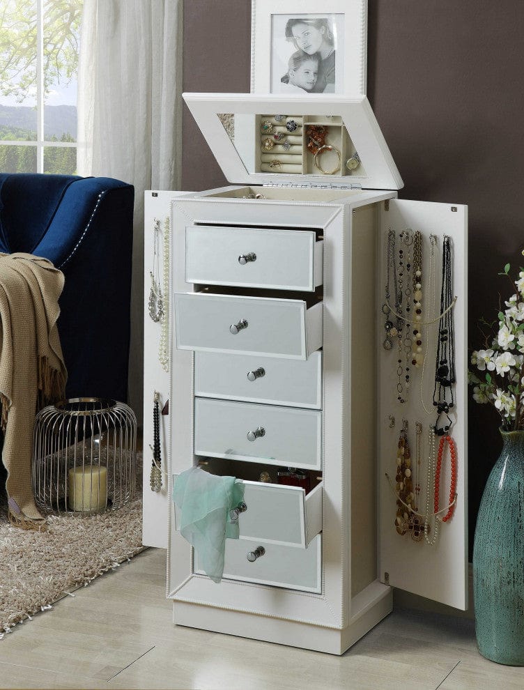 38" White Six Drawer Wood and Mirrored Glass Jewelry Armoire - Homeroots - Flyclothing LLC